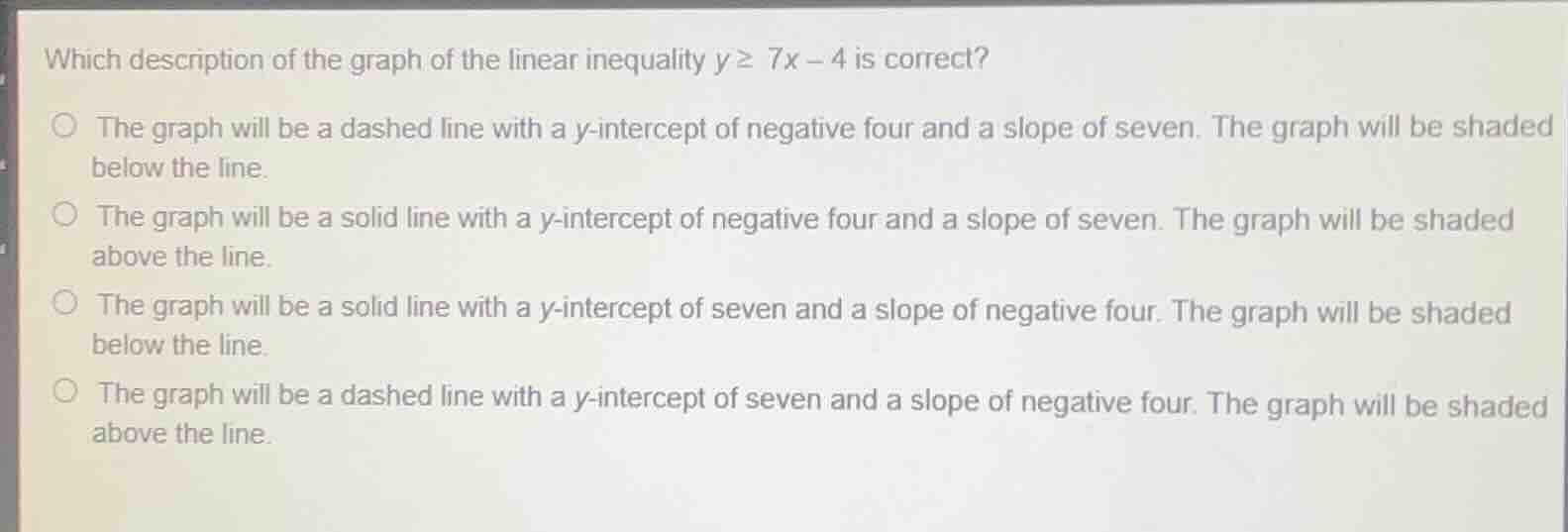 which description of the graph of the linear inequality ( y geq 7x - 4 …