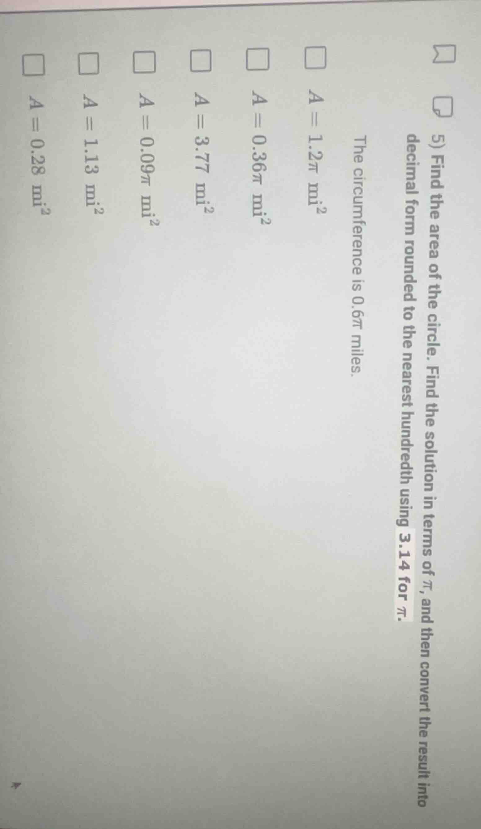 5) find the area of the circle. find the solution in terms of \\(\\pi\\…