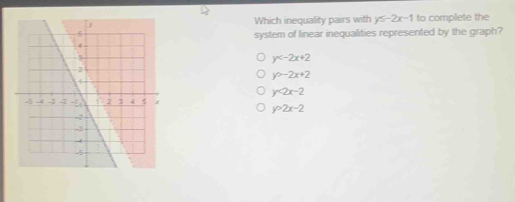which inequality pairs with ( y leq -2x - 1 ) to complete the system of…