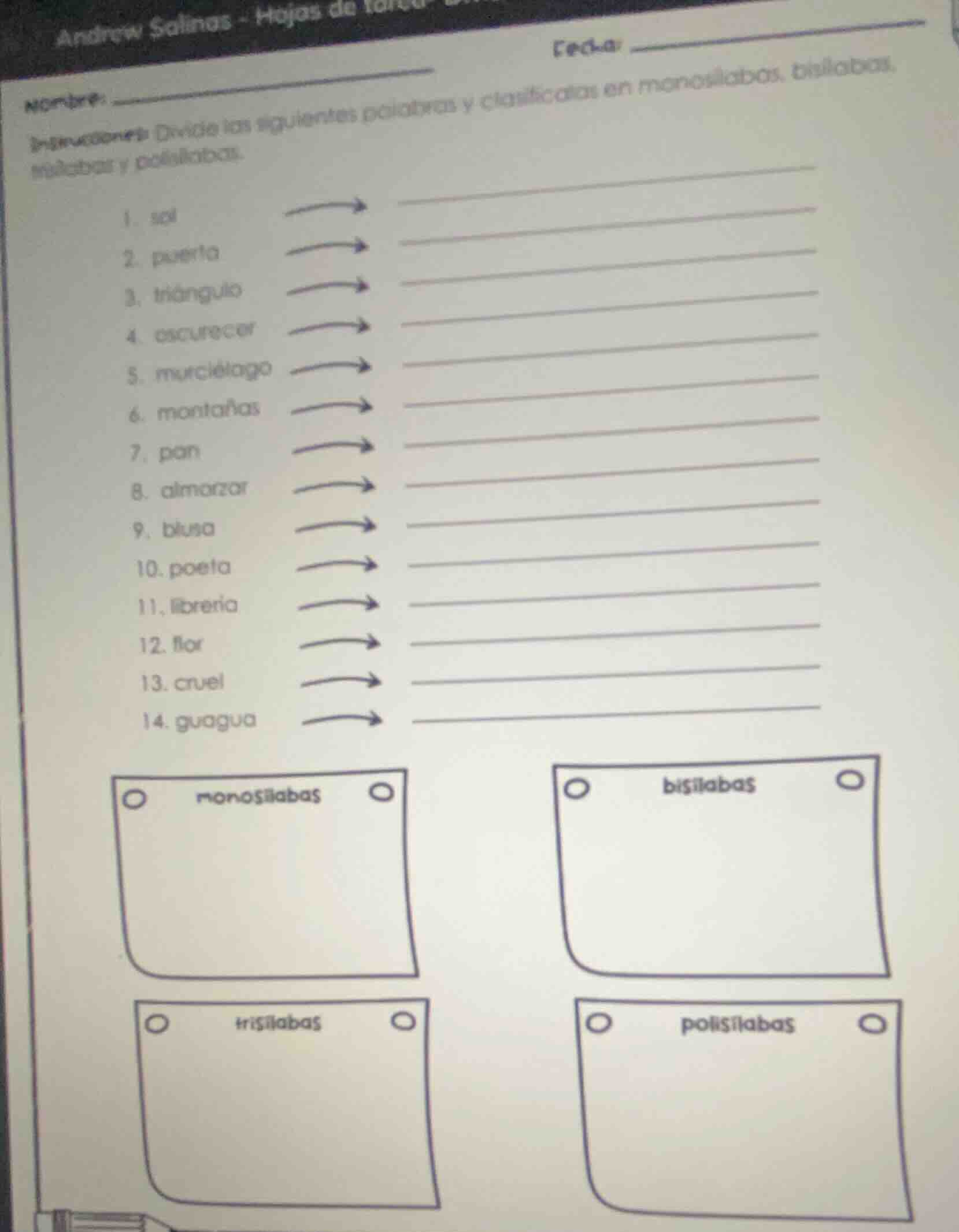 nombre: fecha: instrucciones: divide las siguientes palabras y clasific…