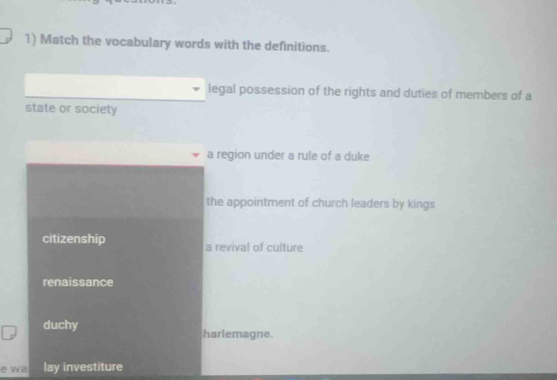 1) match the vocabulary words with the definitions. legal possession of…