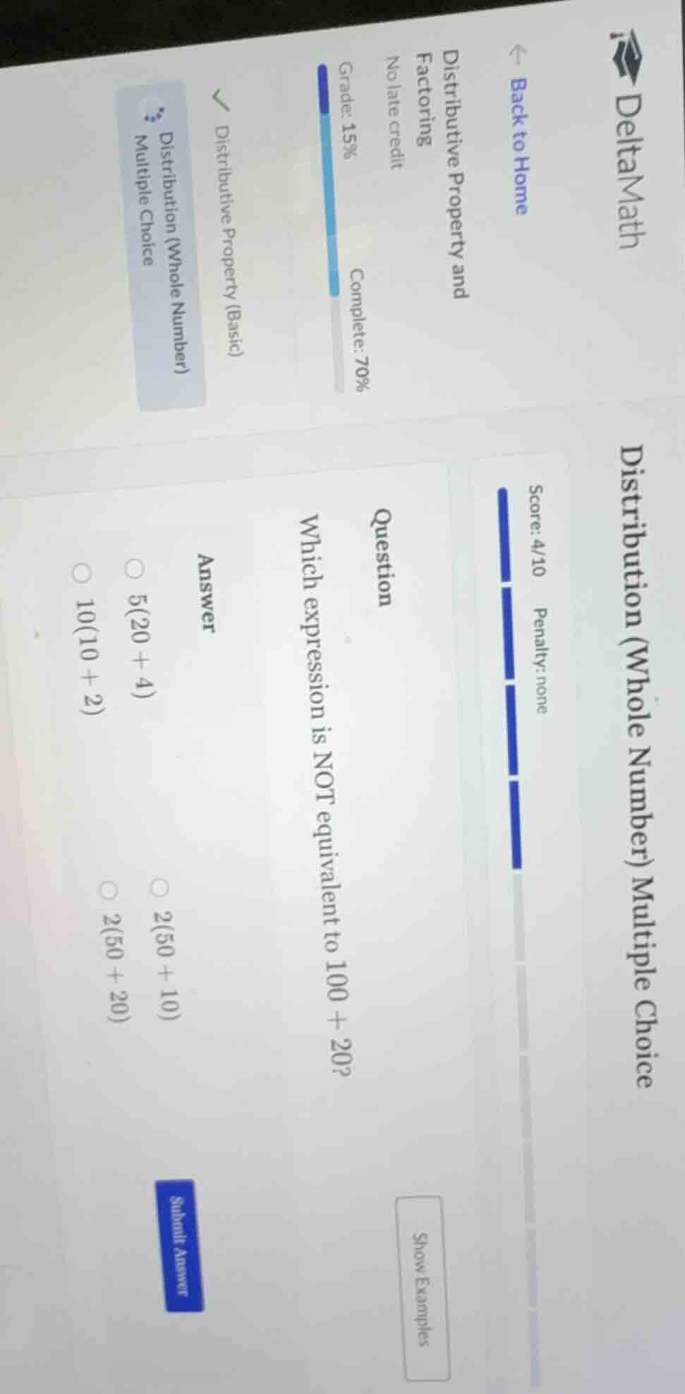 question which expression is not equivalent to 100 + 20? answer 5(20 + …