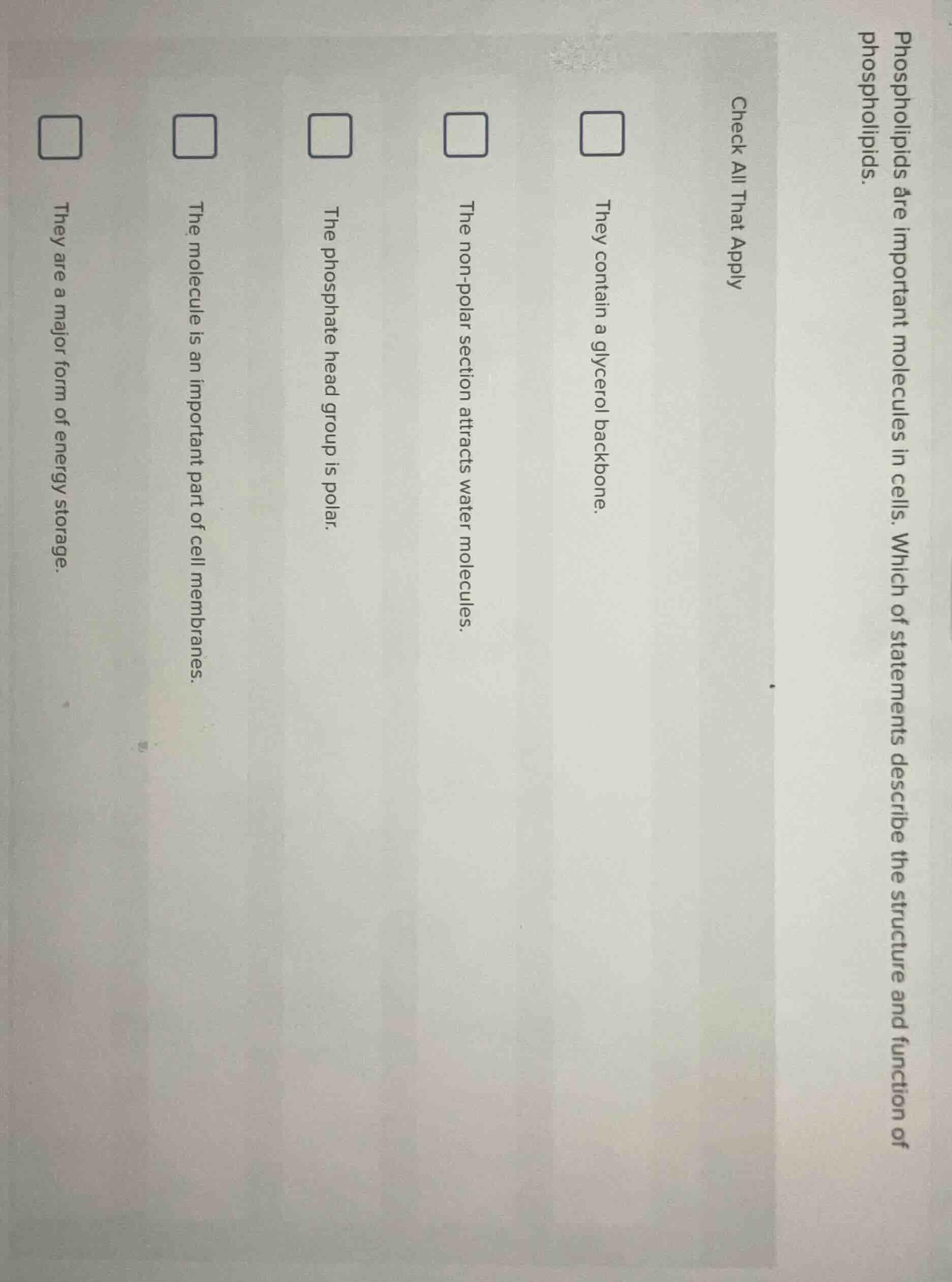 phospholipids are important molecules in cells. which of statements des…