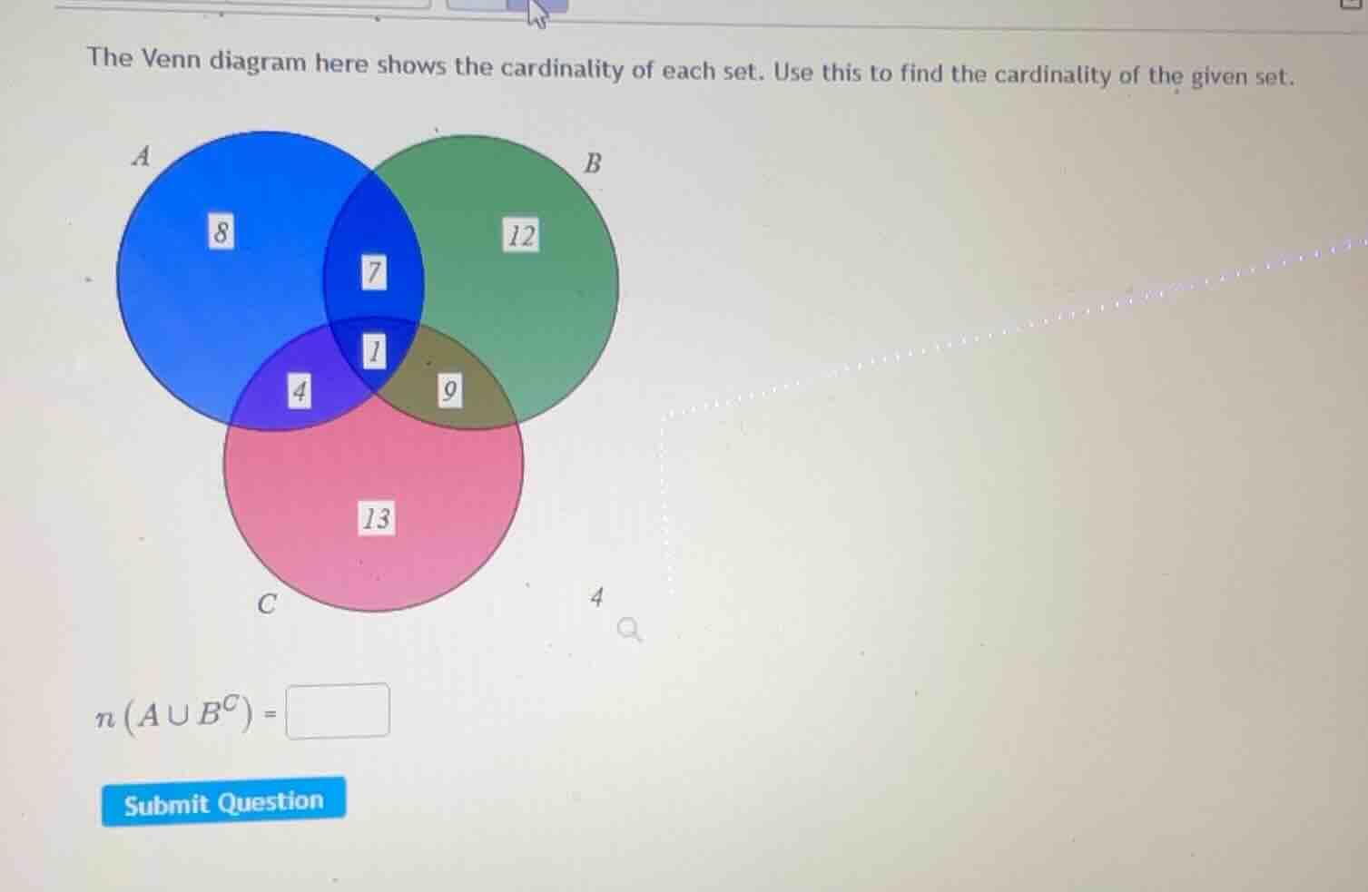 the venn diagram here shows the cardinality of each set. use this to fi…