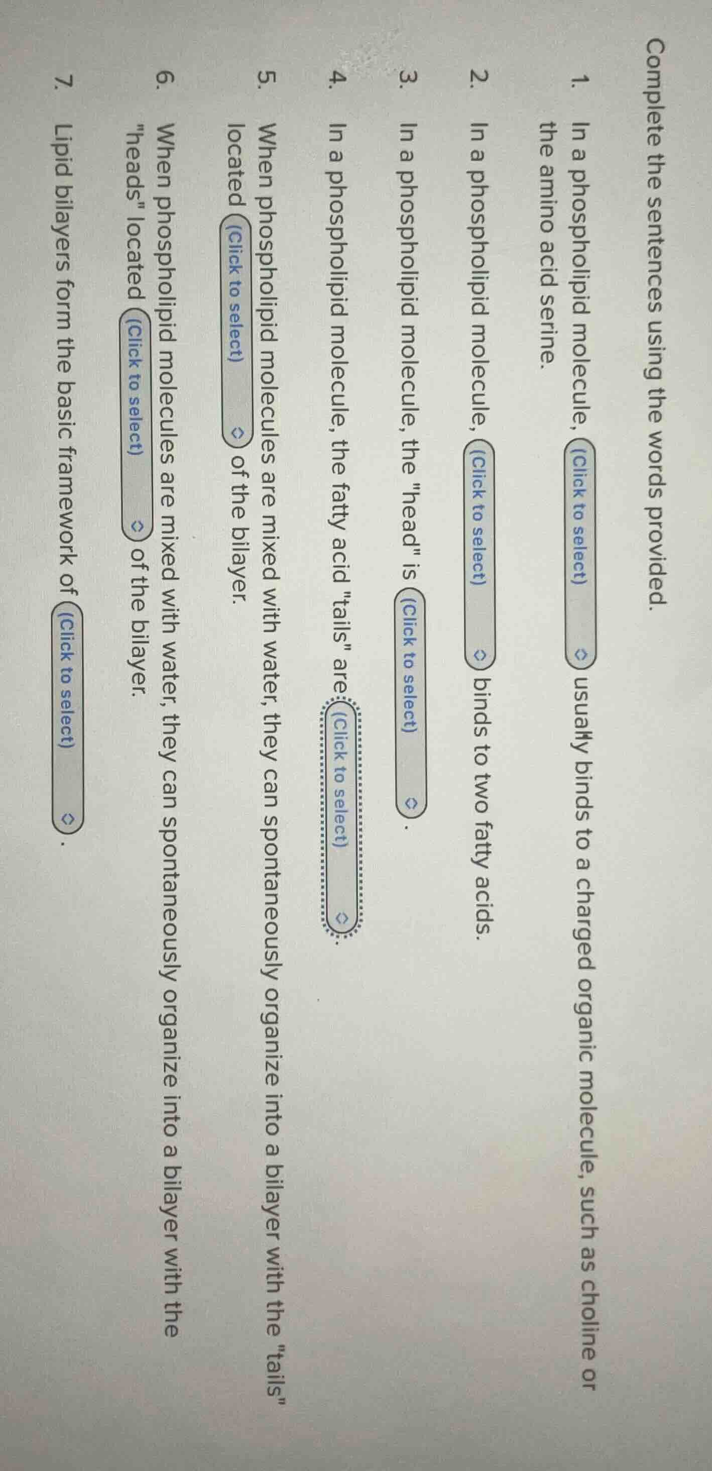 complete the sentences using the words provided. 1. in a phospholipid m…