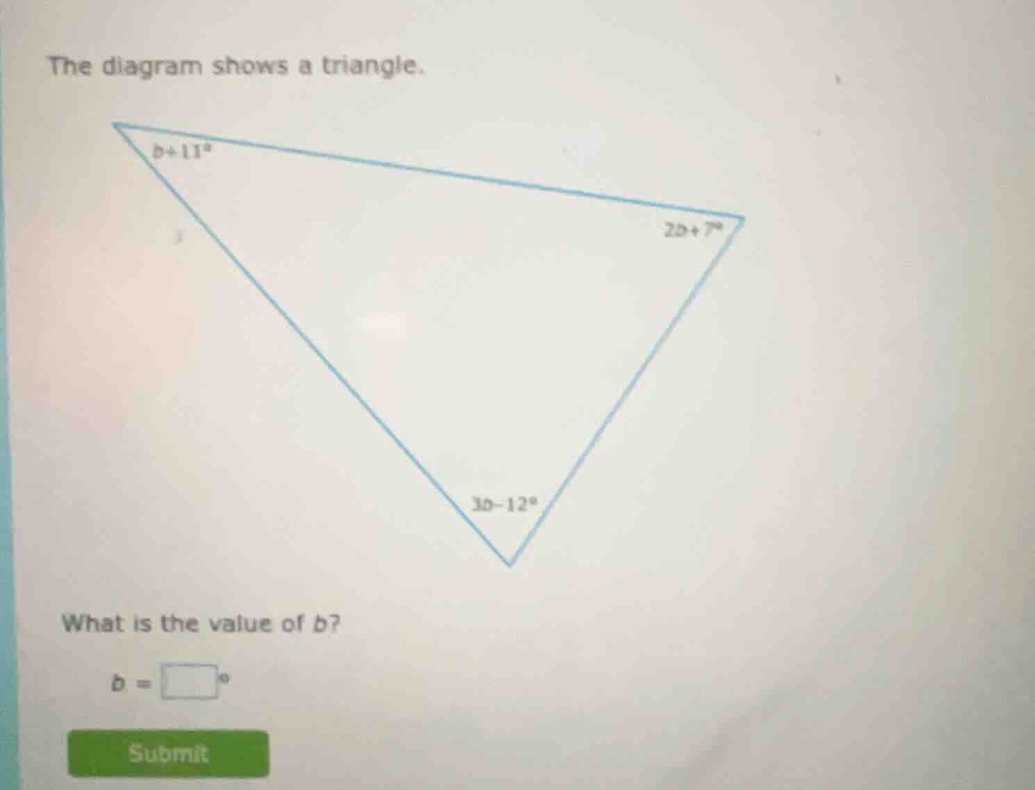 the diagram shows a triangle. what is the value of b? b = \\square^\\ci…
