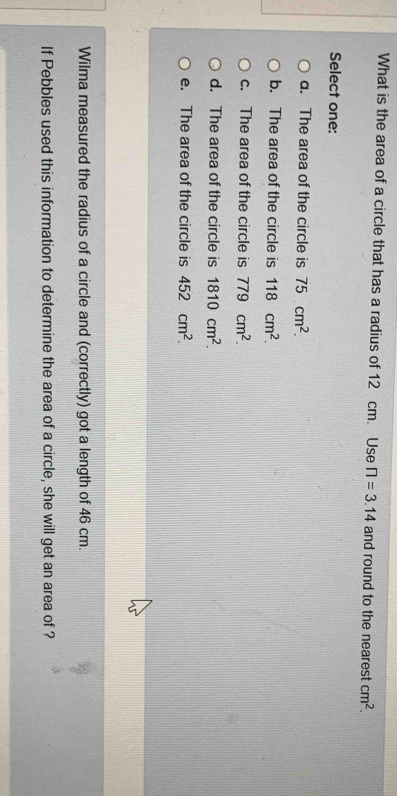 what is the area of a circle that has a radius of 12 cm. use \\(\\pi = …