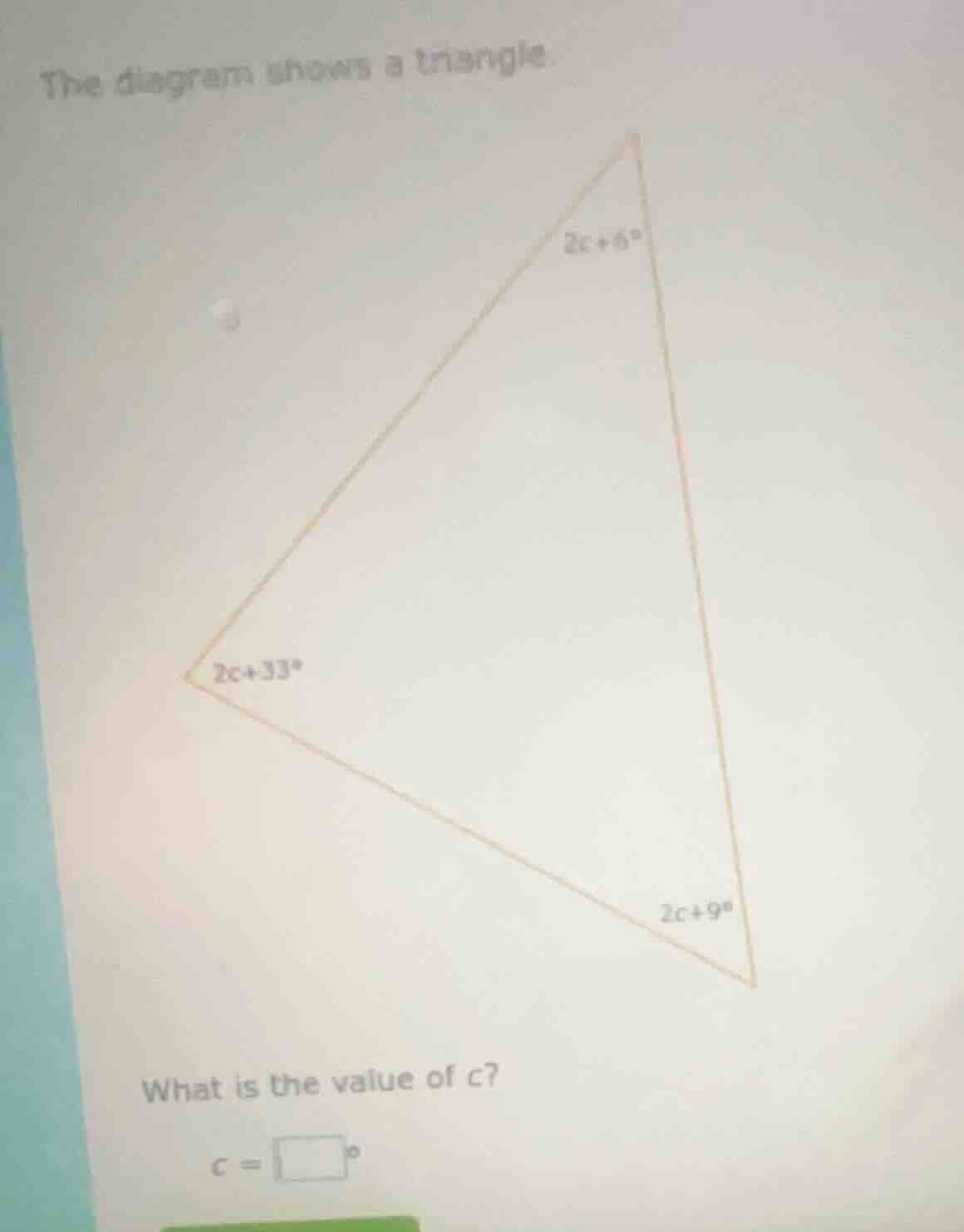 the diagram shows a triangle. what is the value of c? c = \\square^\\ci…