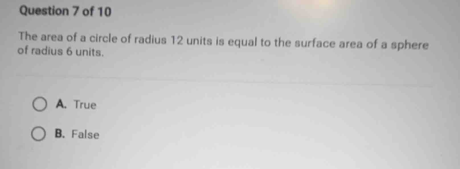 question 7 of 10 the area of a circle of radius 12 units is equal to th…