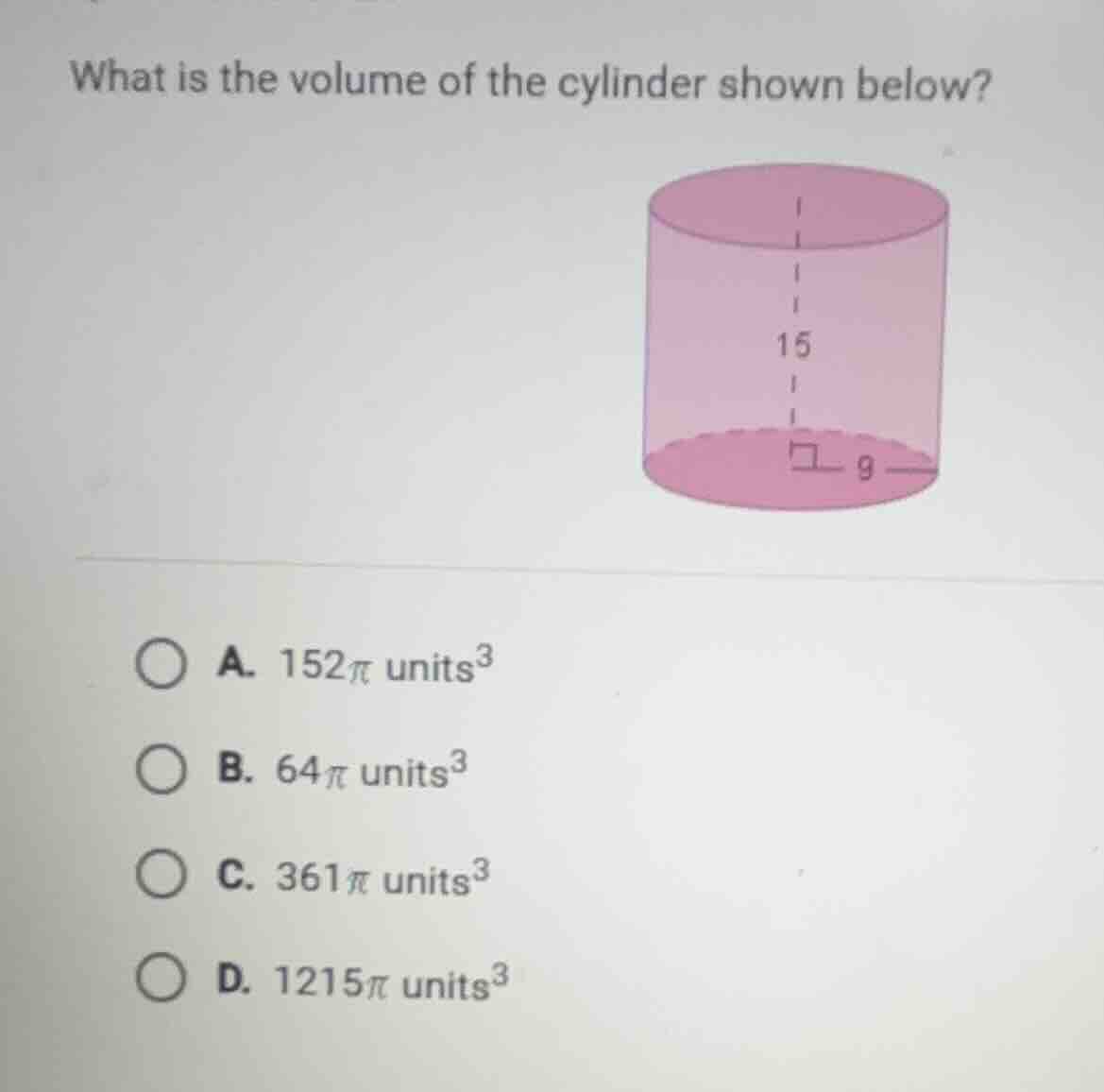 what is the volume of the cylinder shown below? a. $152pi$ units$^3$ b.…