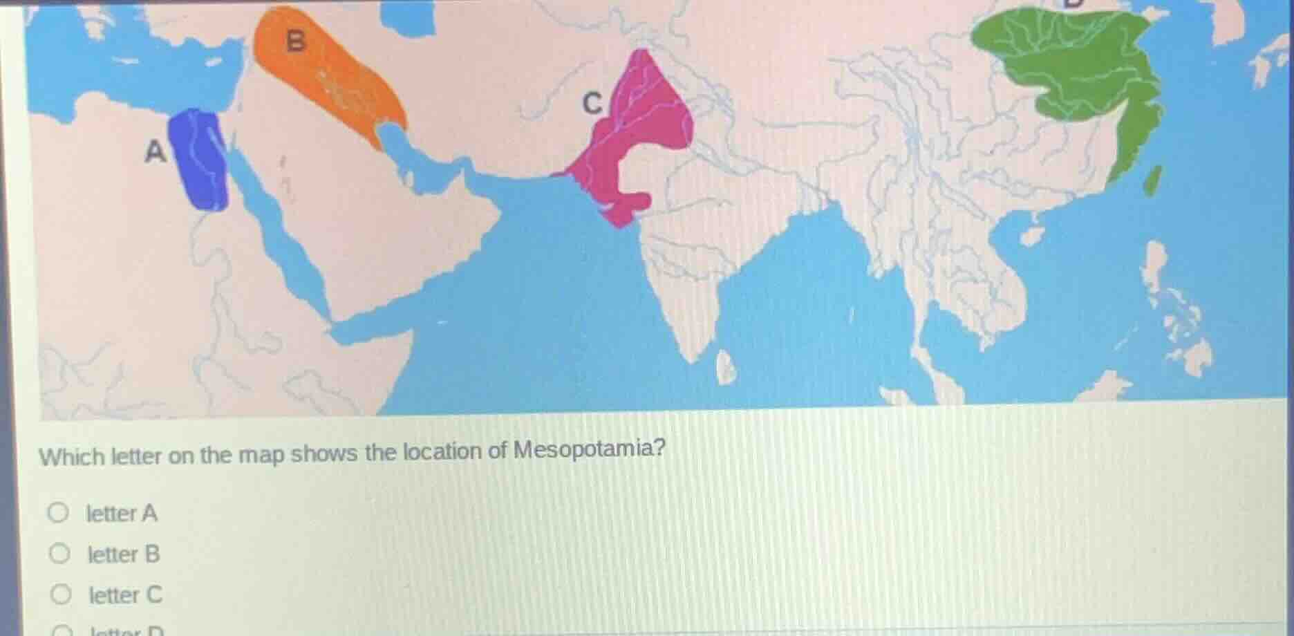 which letter on the map shows the location of mesopotamia? letter a let…