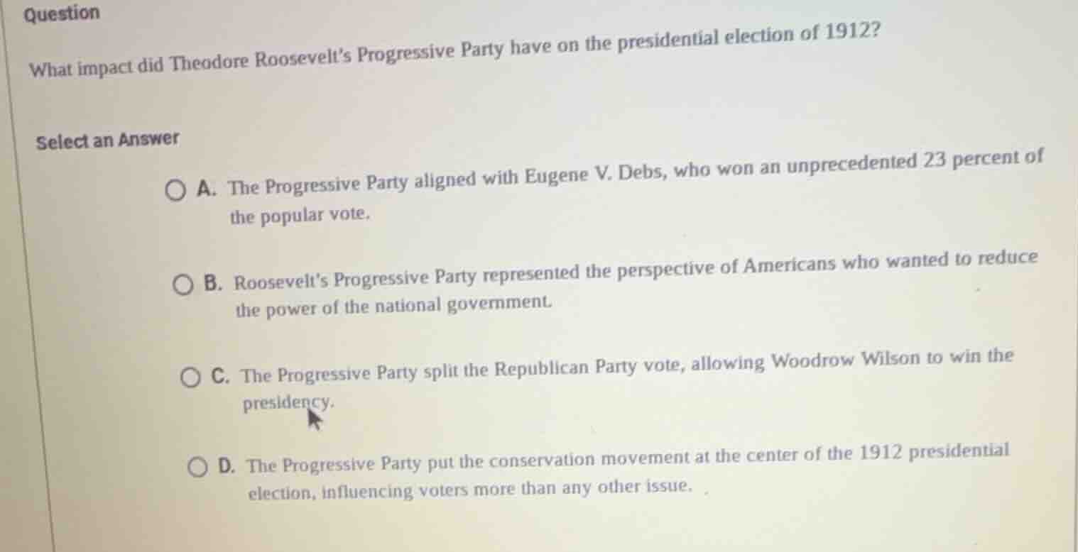 question what impact did theodore roosevelt’s progressive party have on…