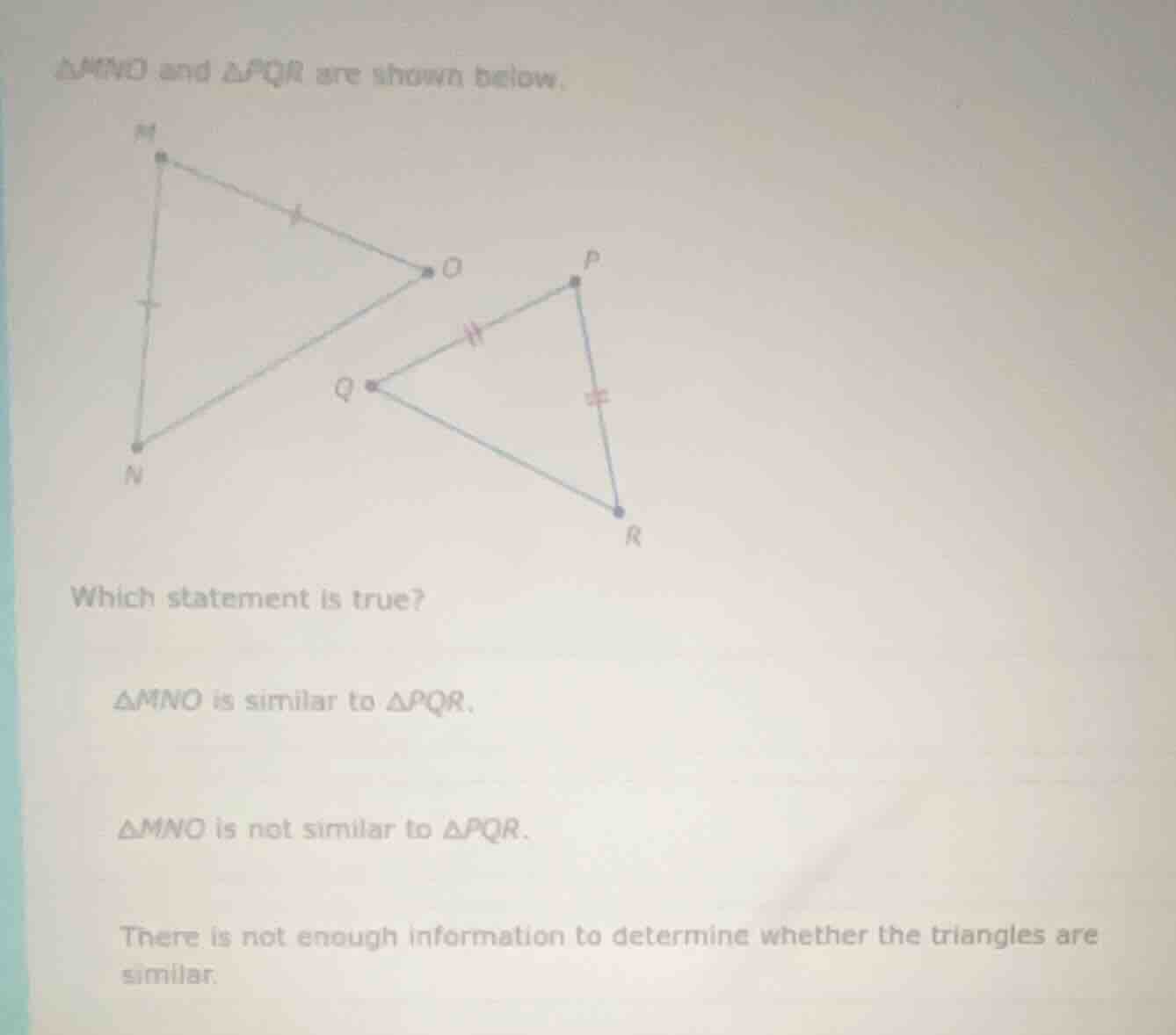 △mno and △pqr are shown below. which statement is true? △mno is similar…