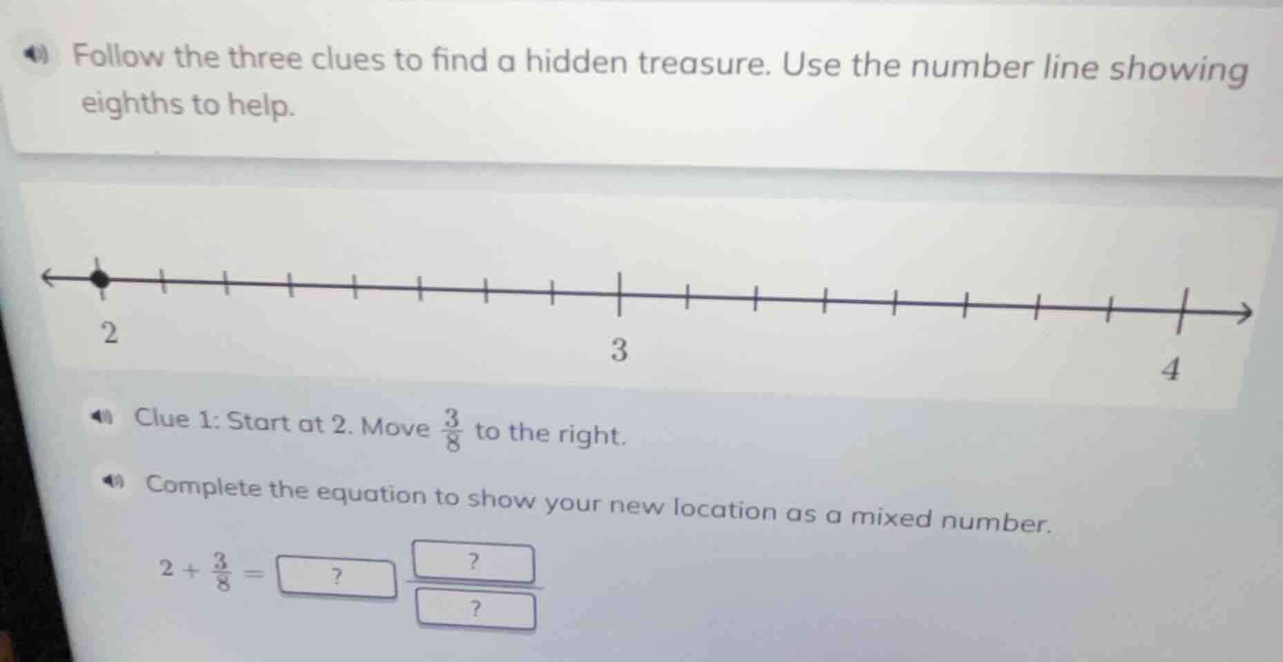 follow the three clues to find a hidden treasure. use the number line s…
