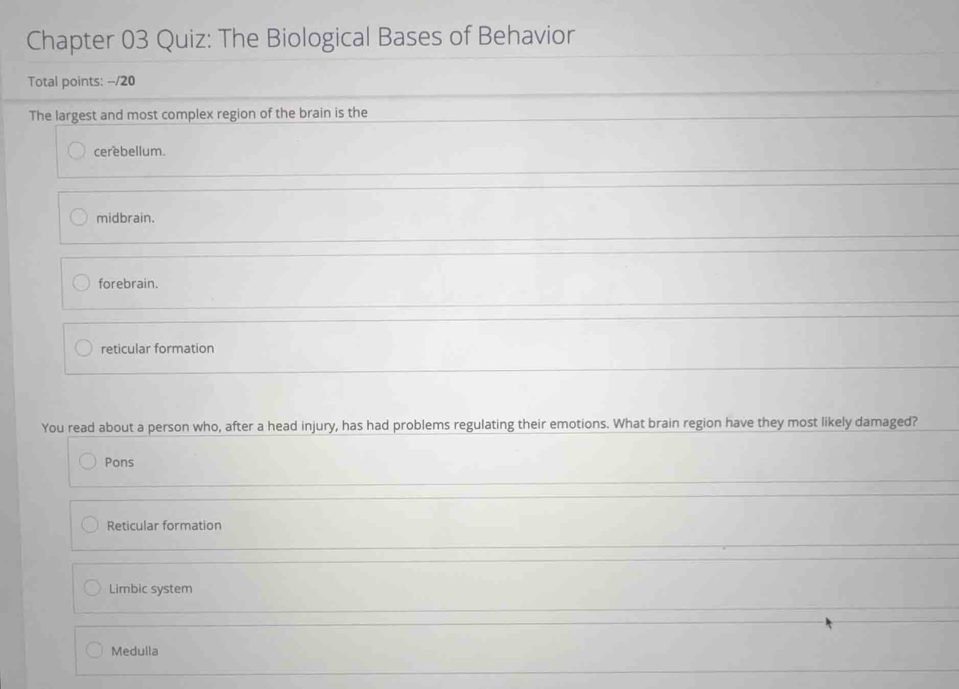 chapter 03 quiz: the biological bases of behavior total points: --/20 t…