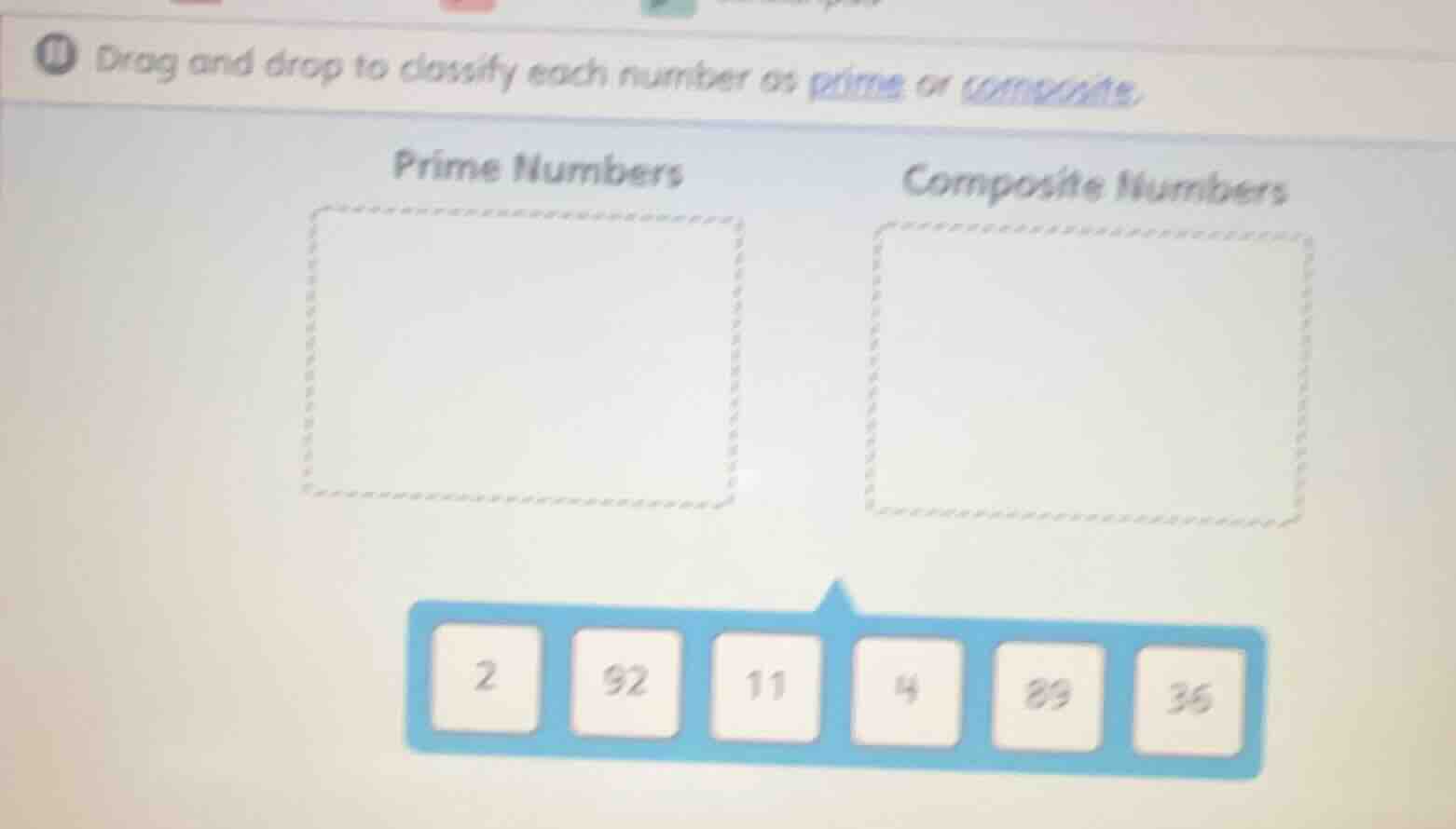 drag and drop to classify each number as prime or composite. prime numb…