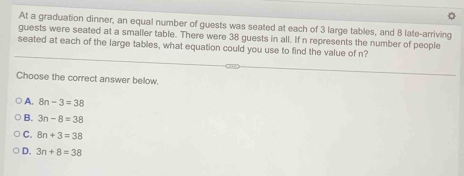 at a graduation dinner, an equal number of guests was seated at each of…