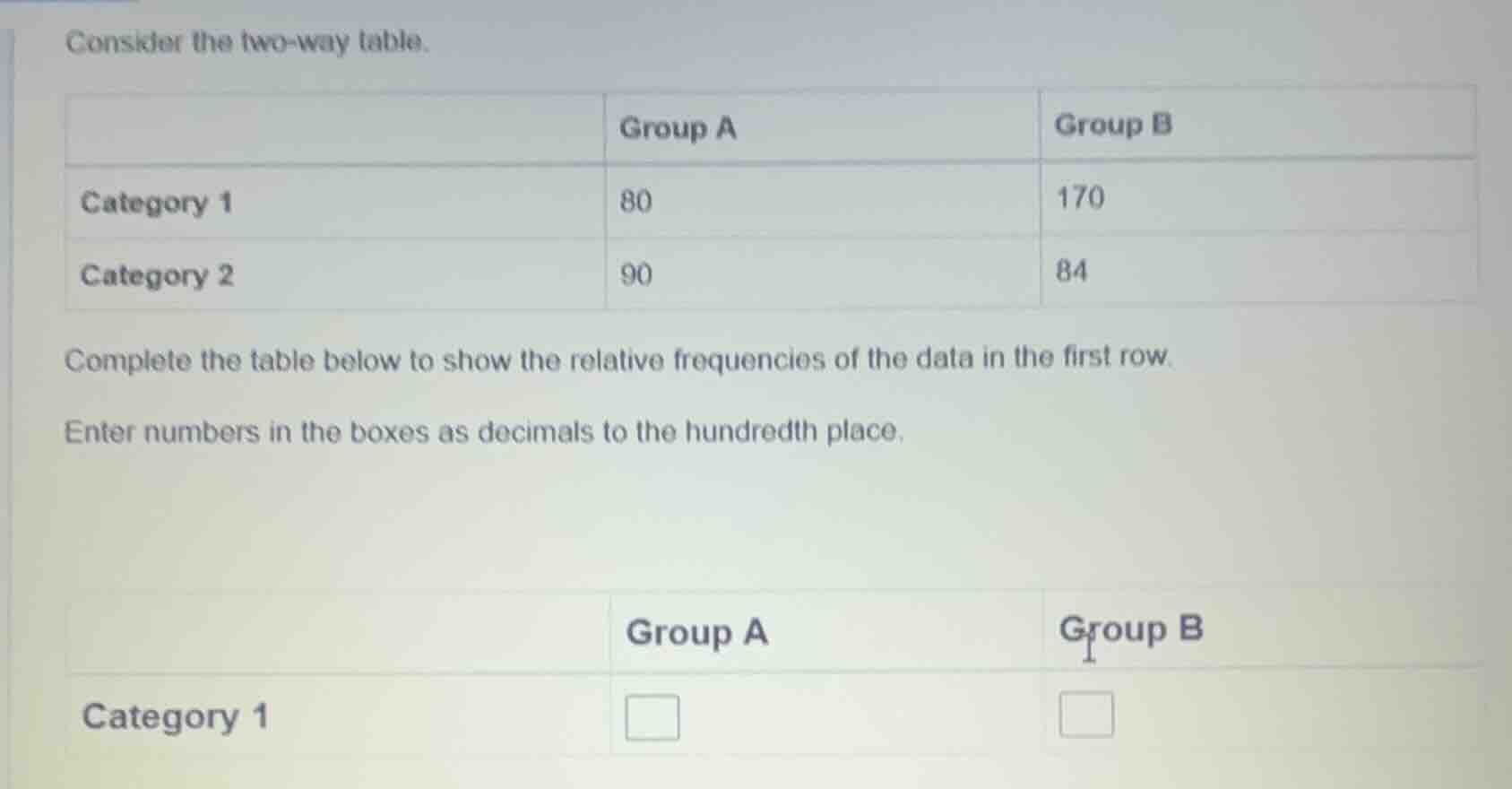consider the two - way table. | | group a | group b | | ---- | ---- | -…