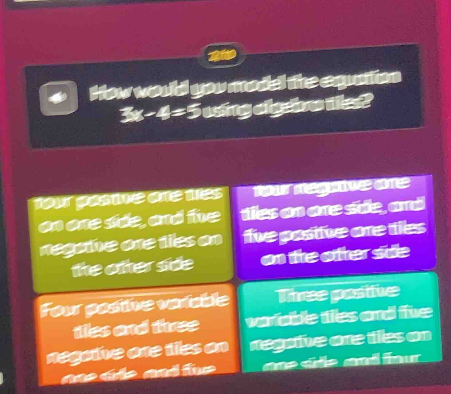 how would you model the equation 3x - 4 = 5 using algebra tiles? four p…