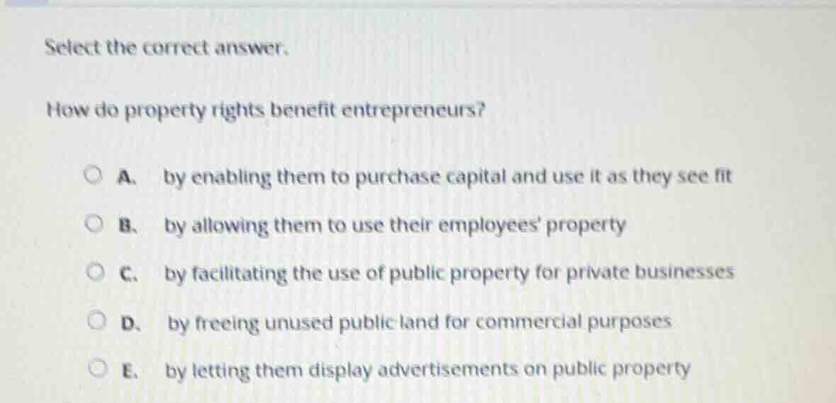 select the correct answer. how do property rights benefit entrepreneurs…