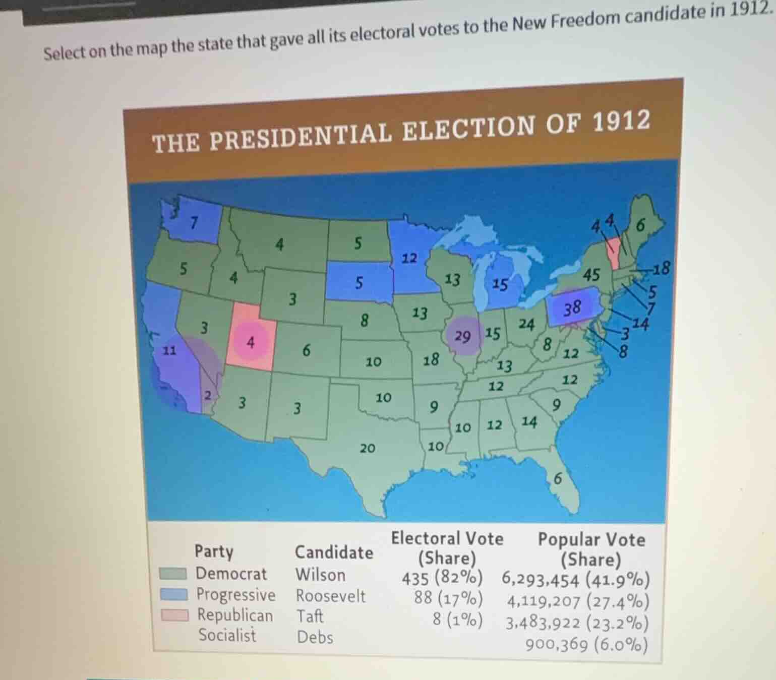 select on the map the state that gave all its electoral votes to the ne…