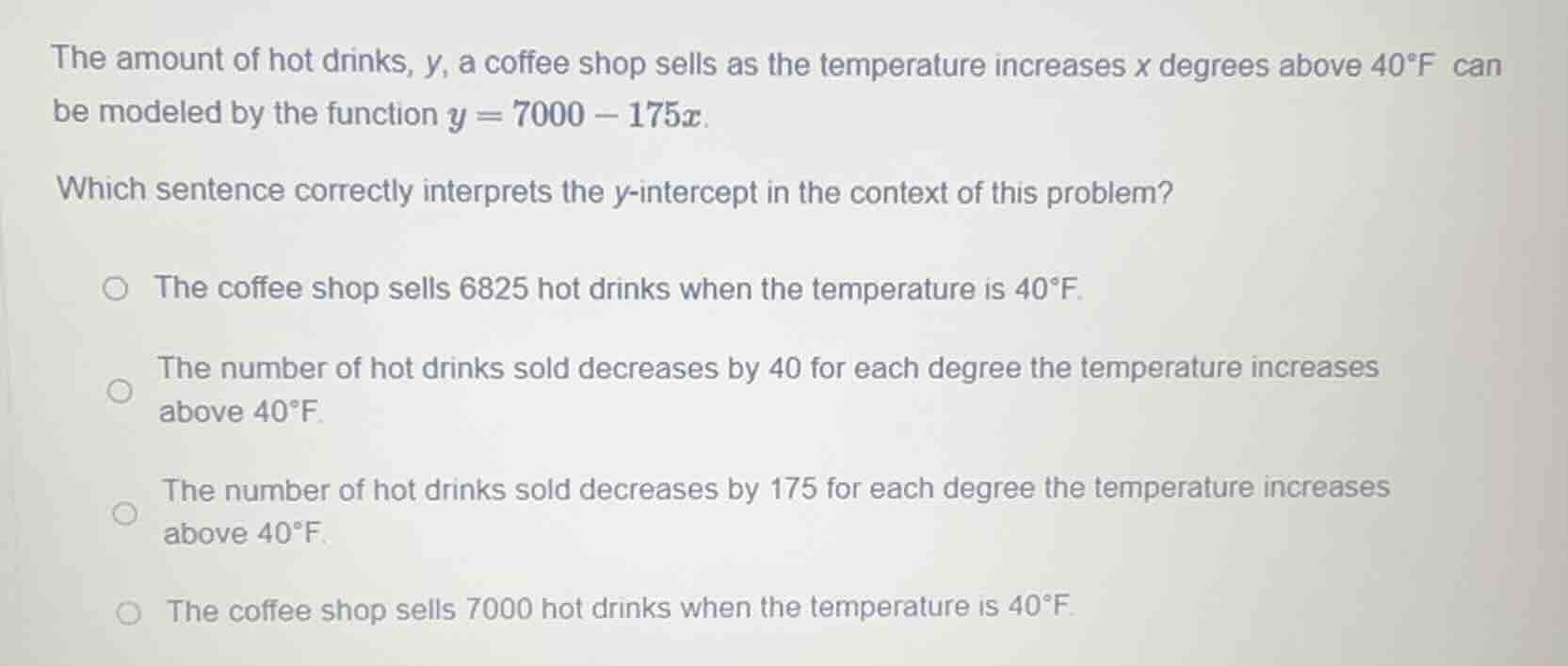 the amount of hot drinks, y, a coffee shop sells as the temperature inc…