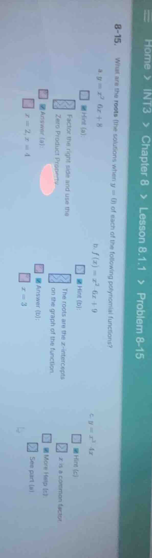8-15. what are the roots (the solutions when y = 0) of each of the foll…