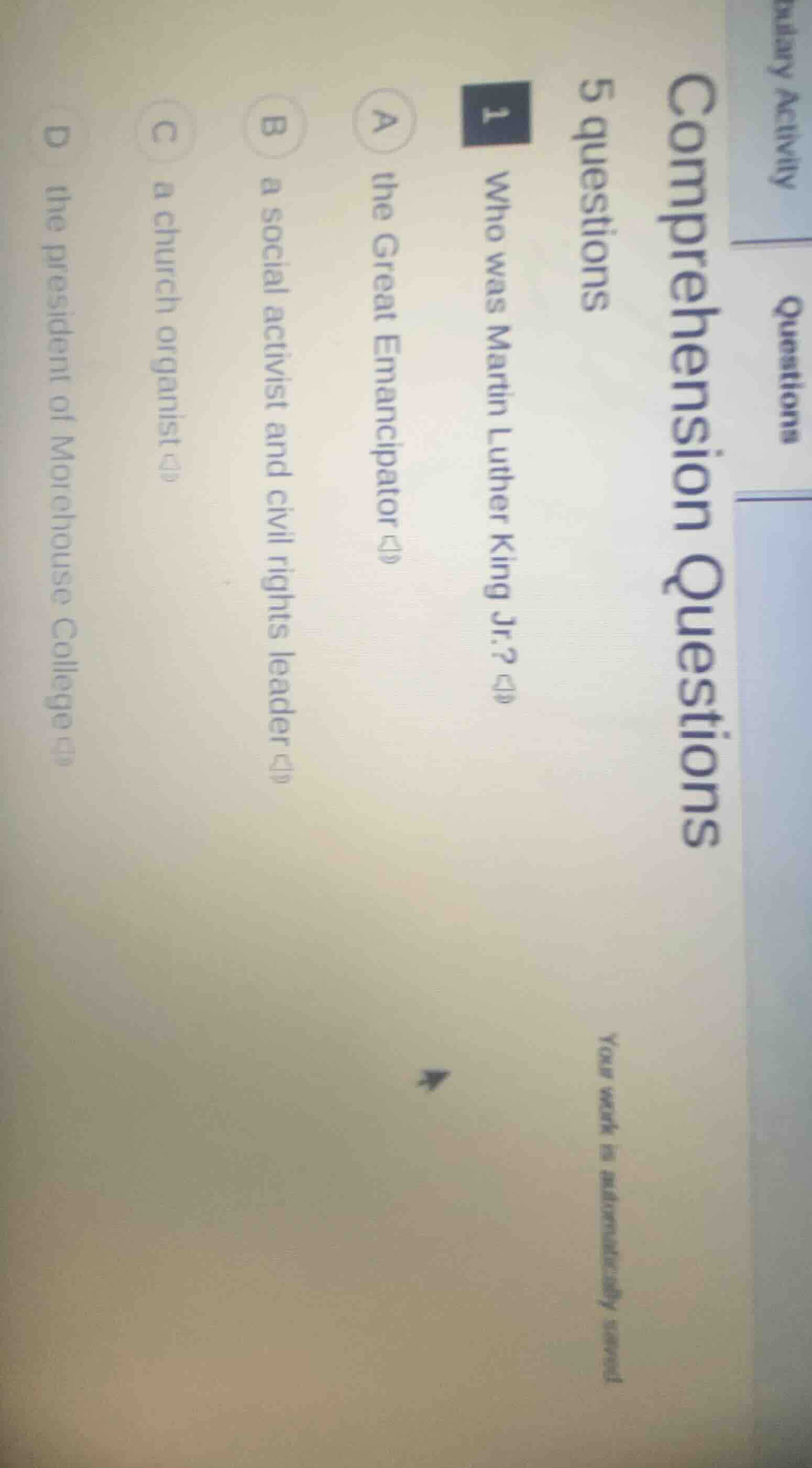 comprehension questions 5 questions 1 who was martin luther king jr.? a…