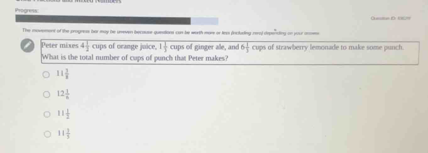 peter mixes $4\\frac{1}{2}$ cups of orange juice, $1\\frac{1}{3}$ cups …