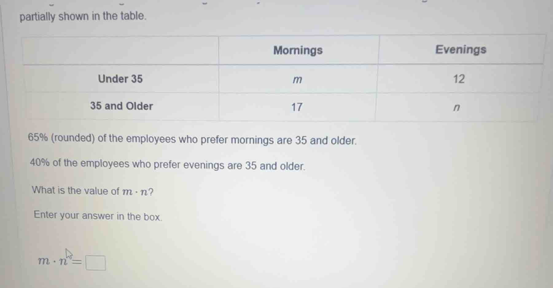 partially shown in the table. | | mornings | evenings | |--------------…