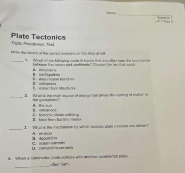 name science lp 7 day 3 plate tectonics topic readiness test write the …