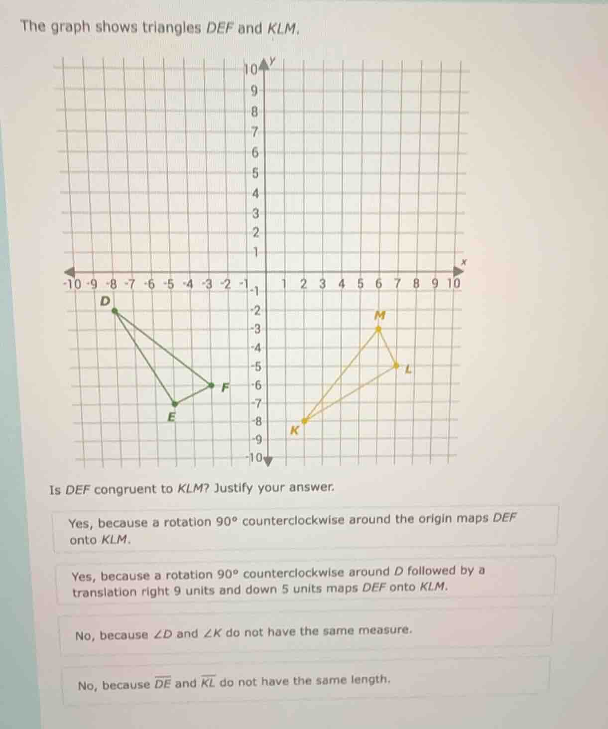 the graph shows triangles def and klm. is def congruent to klm? justify…