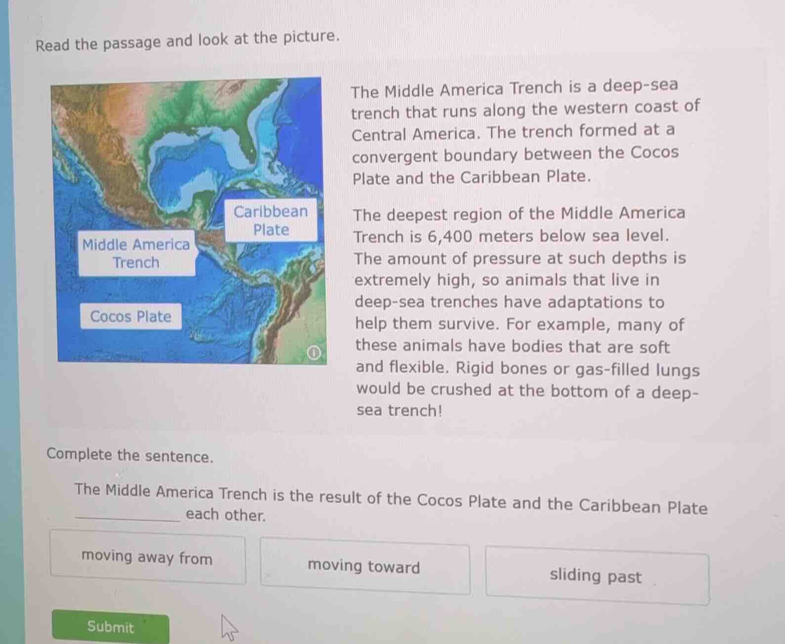 read the passage and look at the picture. the middle america trench is …