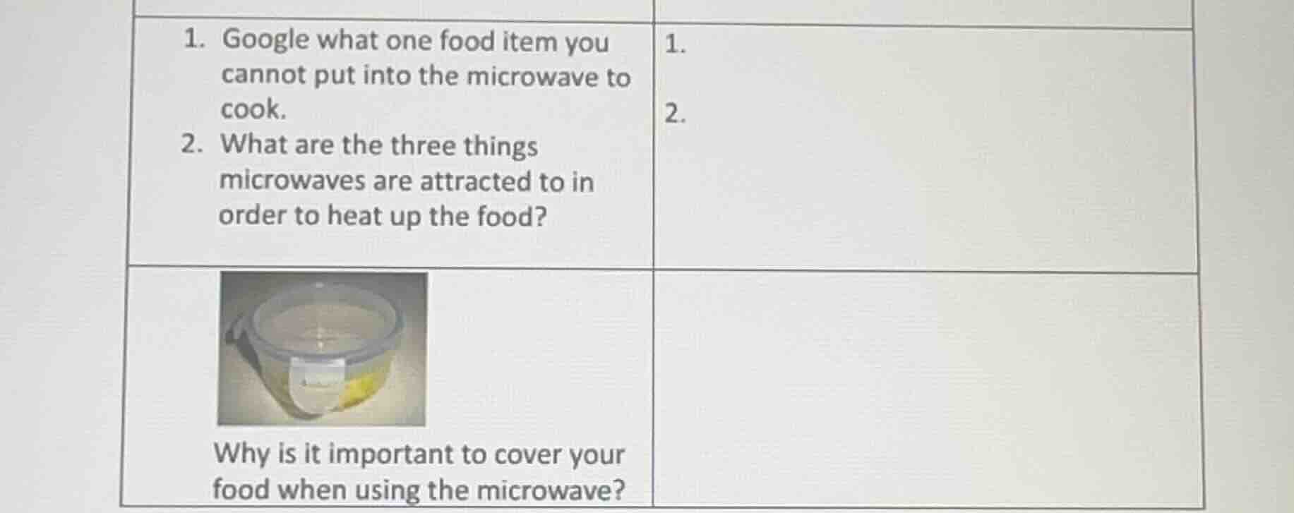 1. google what one food item you cannot put into the microwave to cook.…