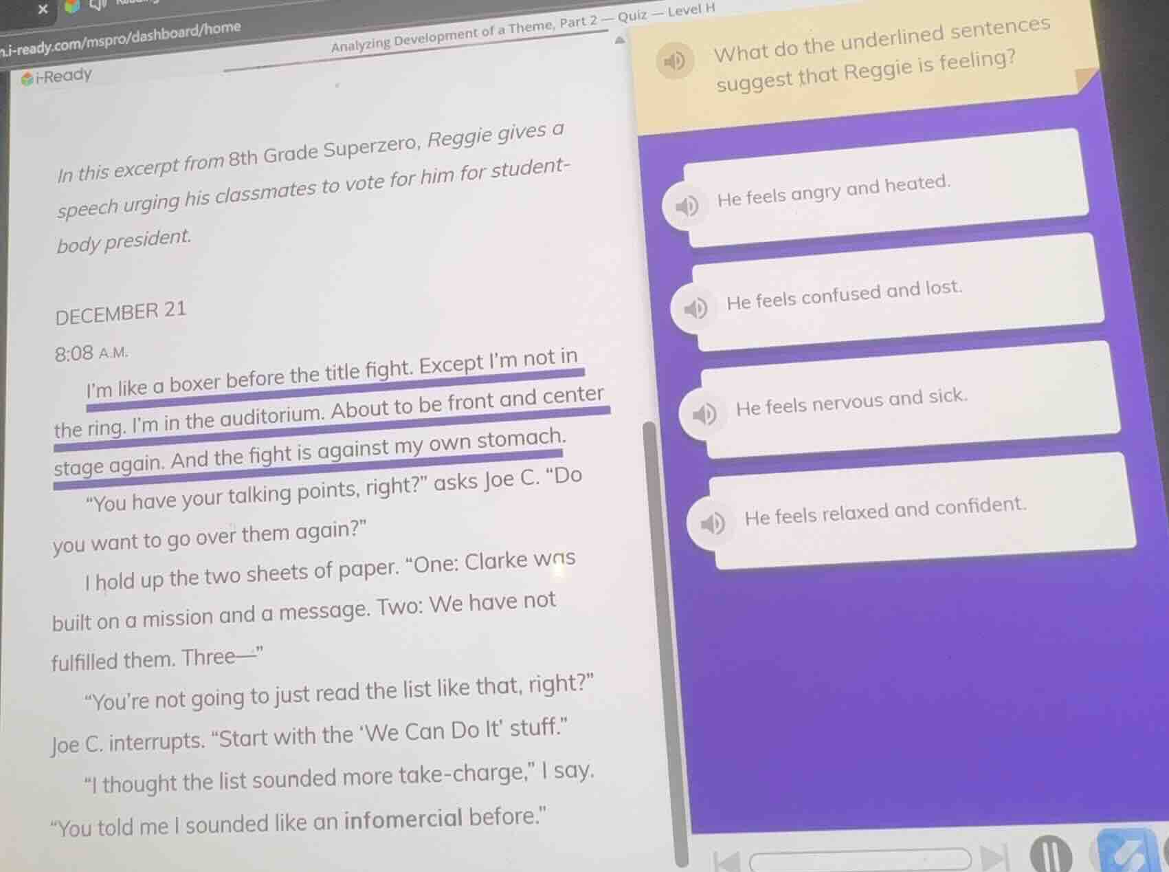 in this excerpt from 8th grade superzero, reggie gives a speech urging …