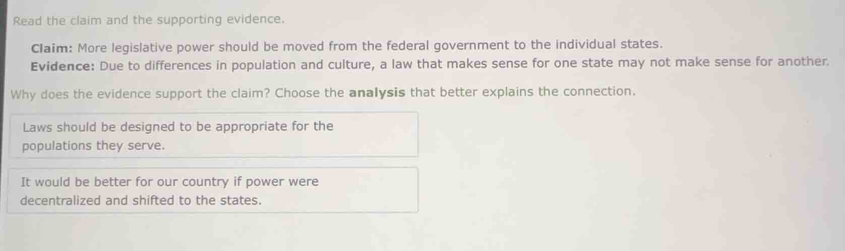 read the claim and the supporting evidence. claim: more legislative pow…