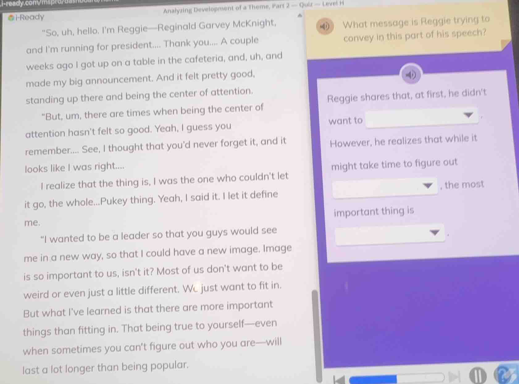 analyzing development of a theme, part 2 — quiz — level h “so, uh, hell…