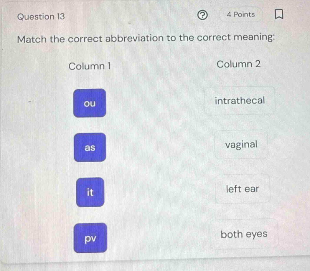 question 13 match the correct abbreviation to the correct meaning: colu…