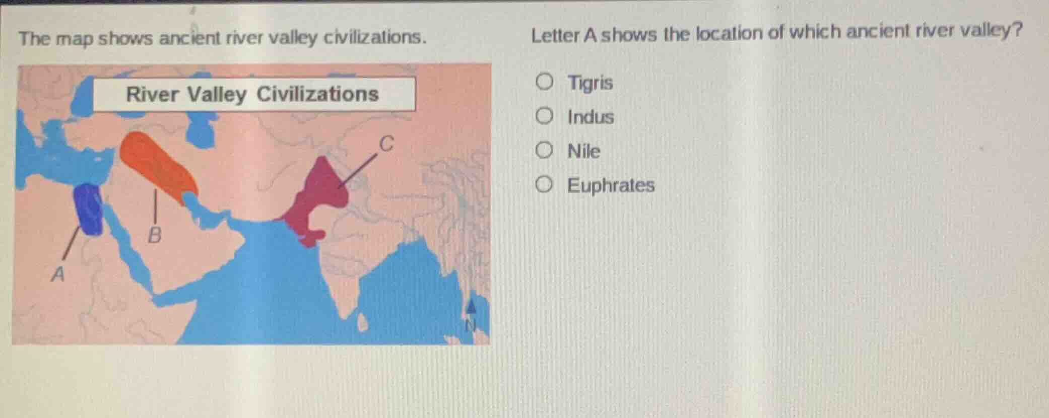 the map shows ancient river valley civilizations. letter a shows the lo…