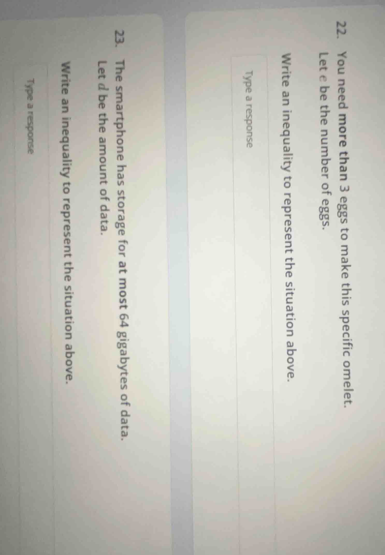 22. you need more than 3 eggs to make this specific omelet. let e be th…