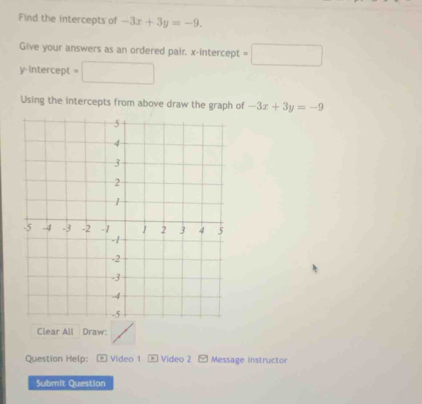 find the intercepts of $-3x + 3y = -9$. give your answers as an ordered…