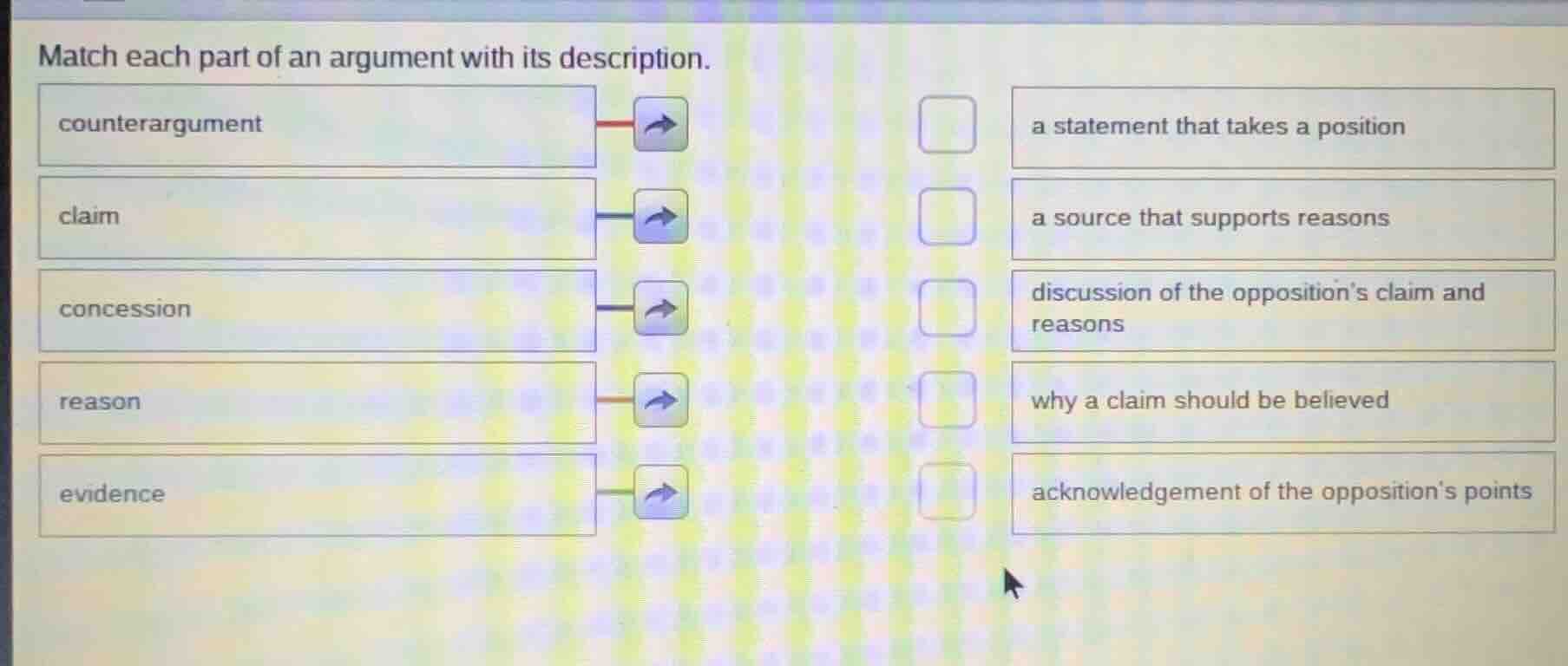 match each part of an argument with its description. counterargument cl…