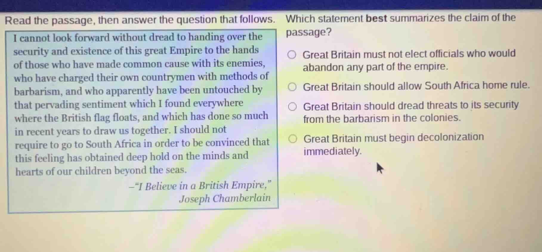 read the passage, then answer the question that follows. i cannot look …