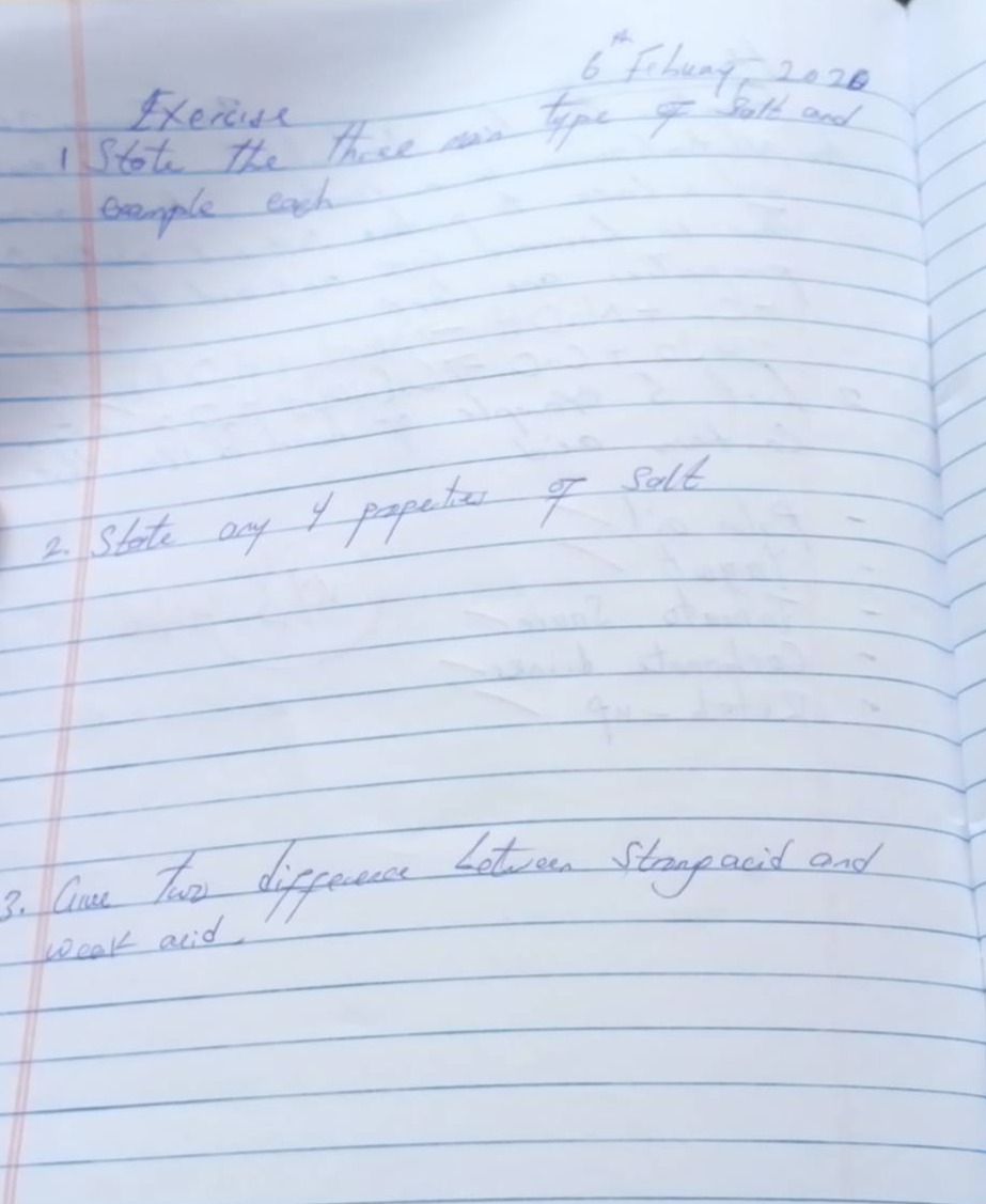 exercise 1. state the three main type of salt and example each 2. state…