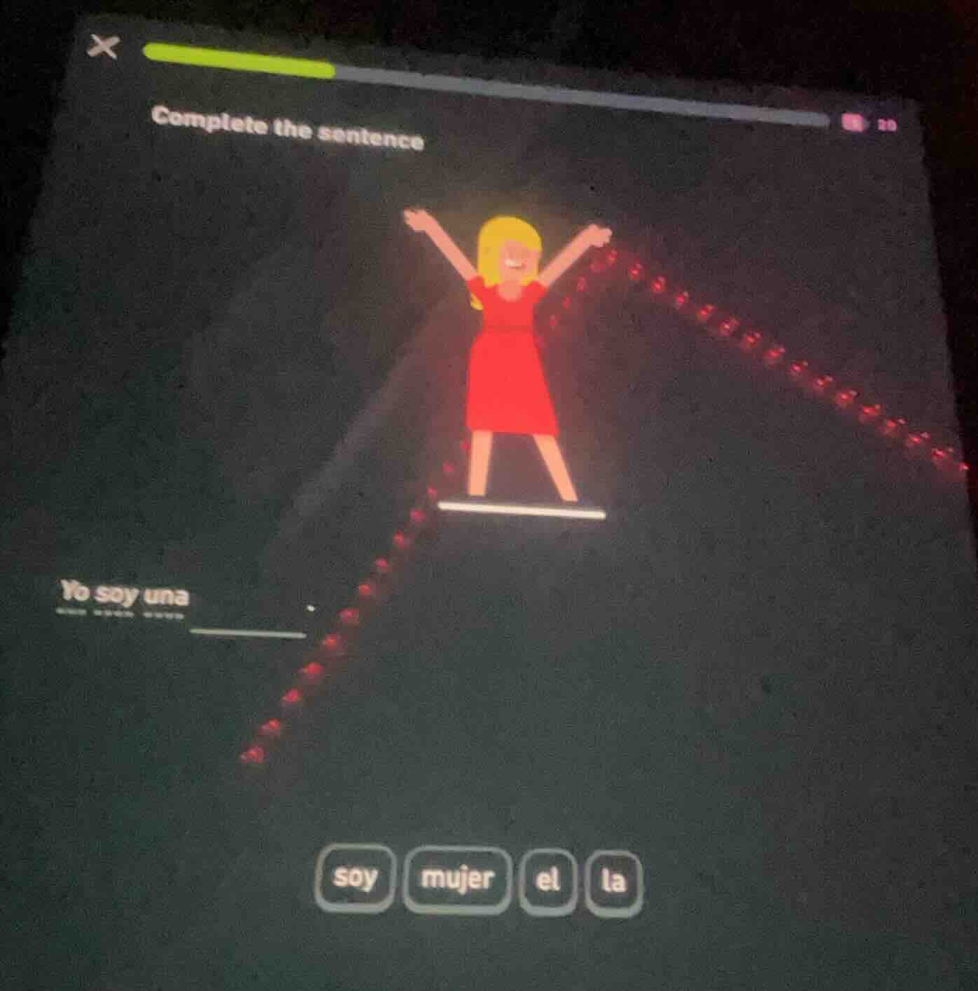 complete the sentence yo soy una ______ options: soy, mujer, el, la
