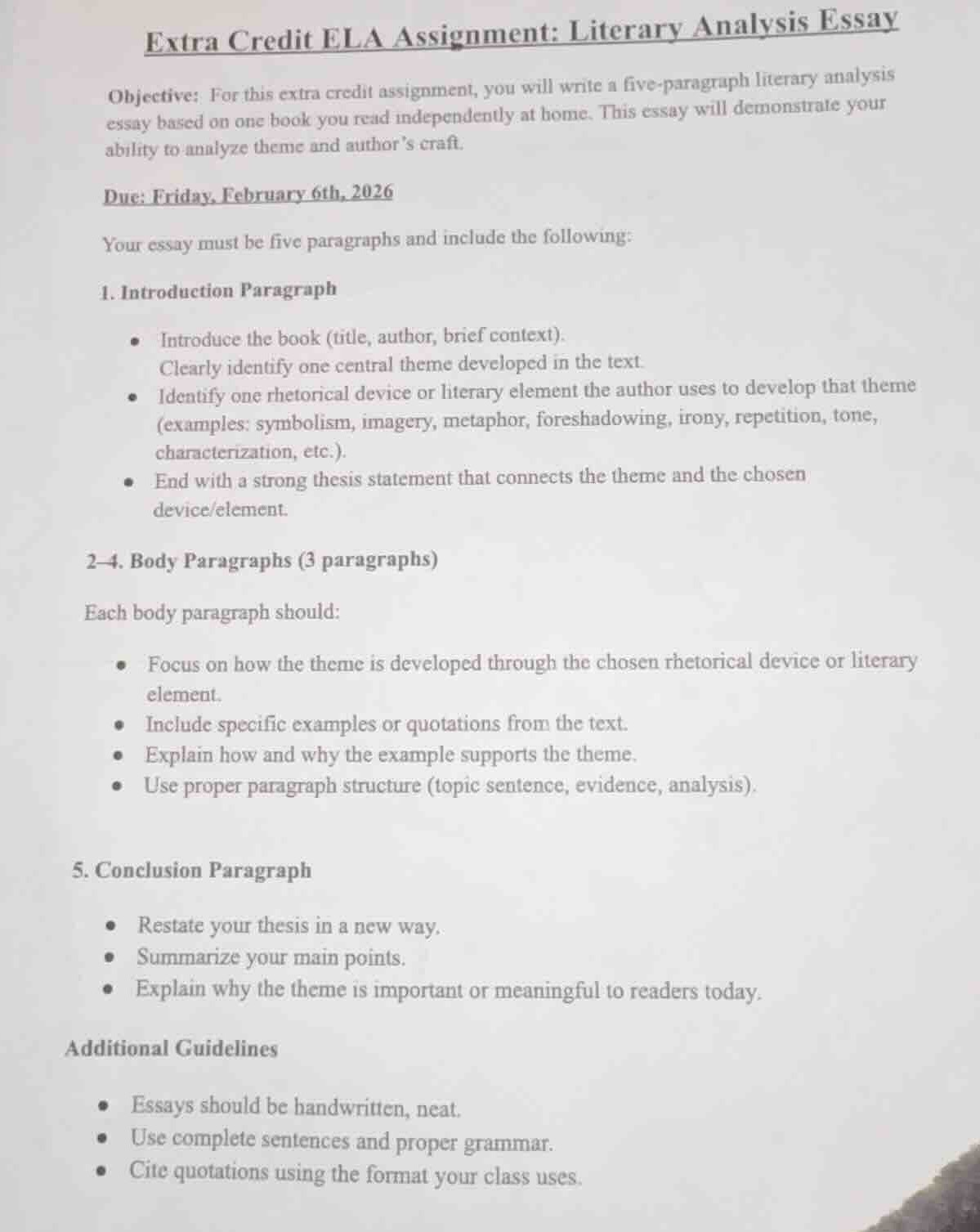 extra credit ela assignment: literary analysis essay objective: for thi…