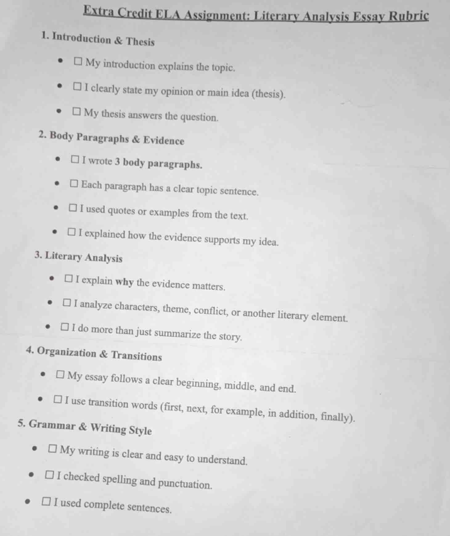 extra credit ela assignment: literary analysis essay rubric 1. introduc…