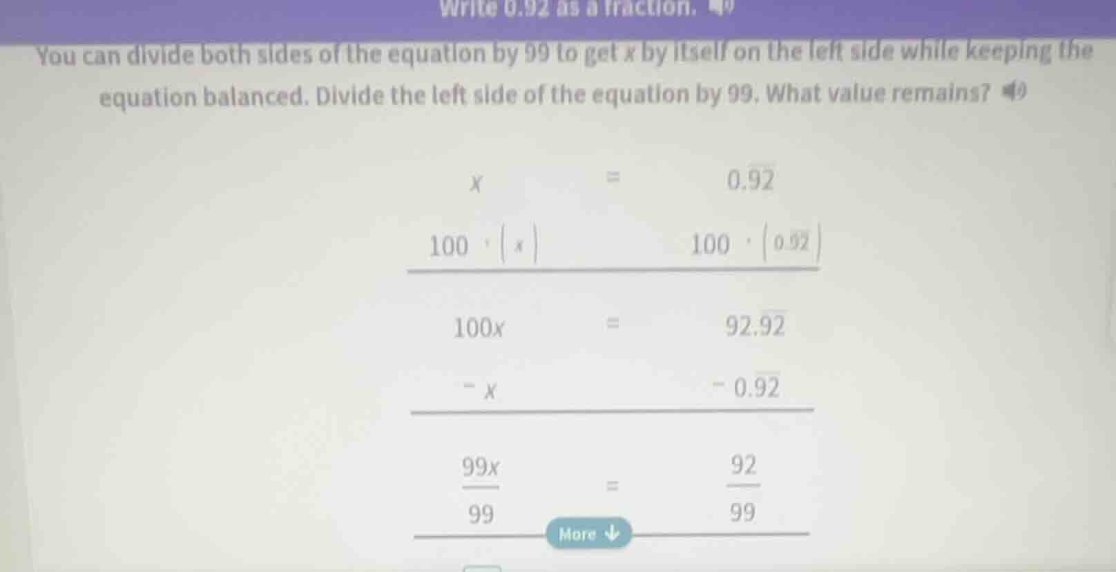 write 0.92 as a fraction. you can divide both sides of the equation by …
