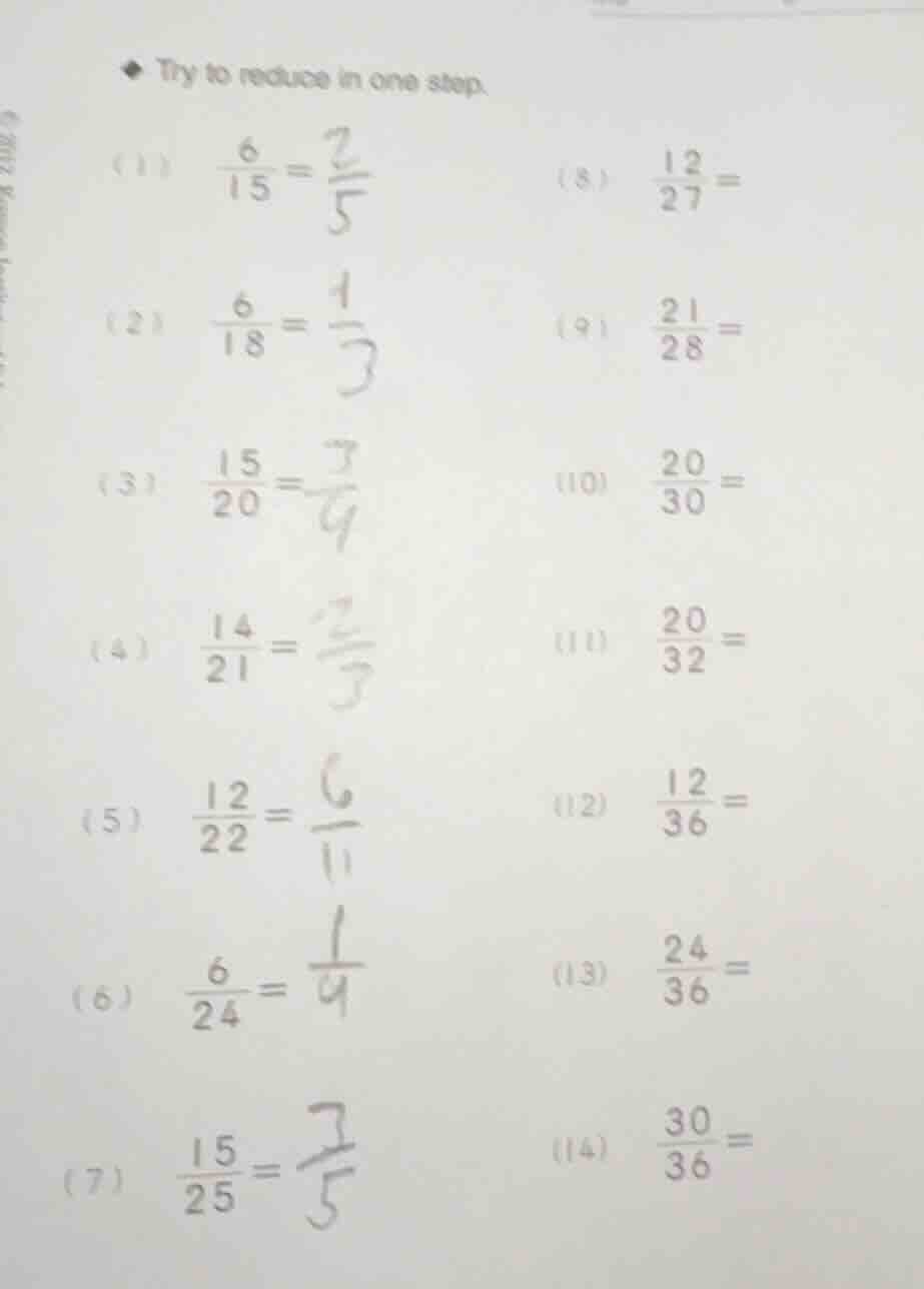 try to reduce in one step. (1) \\(\\frac{6}{15}=\\) \\(\\frac{2}{5}\\) …