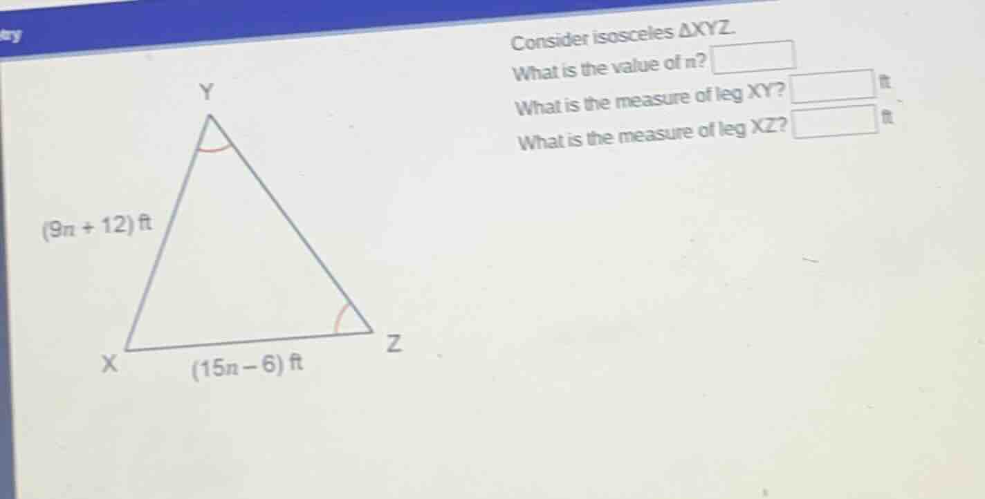 consider isosceles δxyz. what is the value of n? what is the measure of…